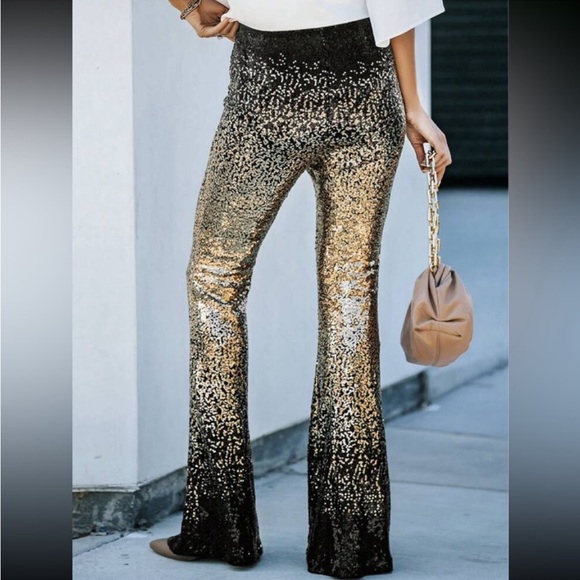 Luxe Glamour Sequin Mesh Wide Leg Palazzo Pants Holiday Evening Green Gold - Picture 6 of 13